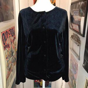 Vintage Midnight Blue-Green Snake Print Velvet Velour Button Down - Long Sleeve